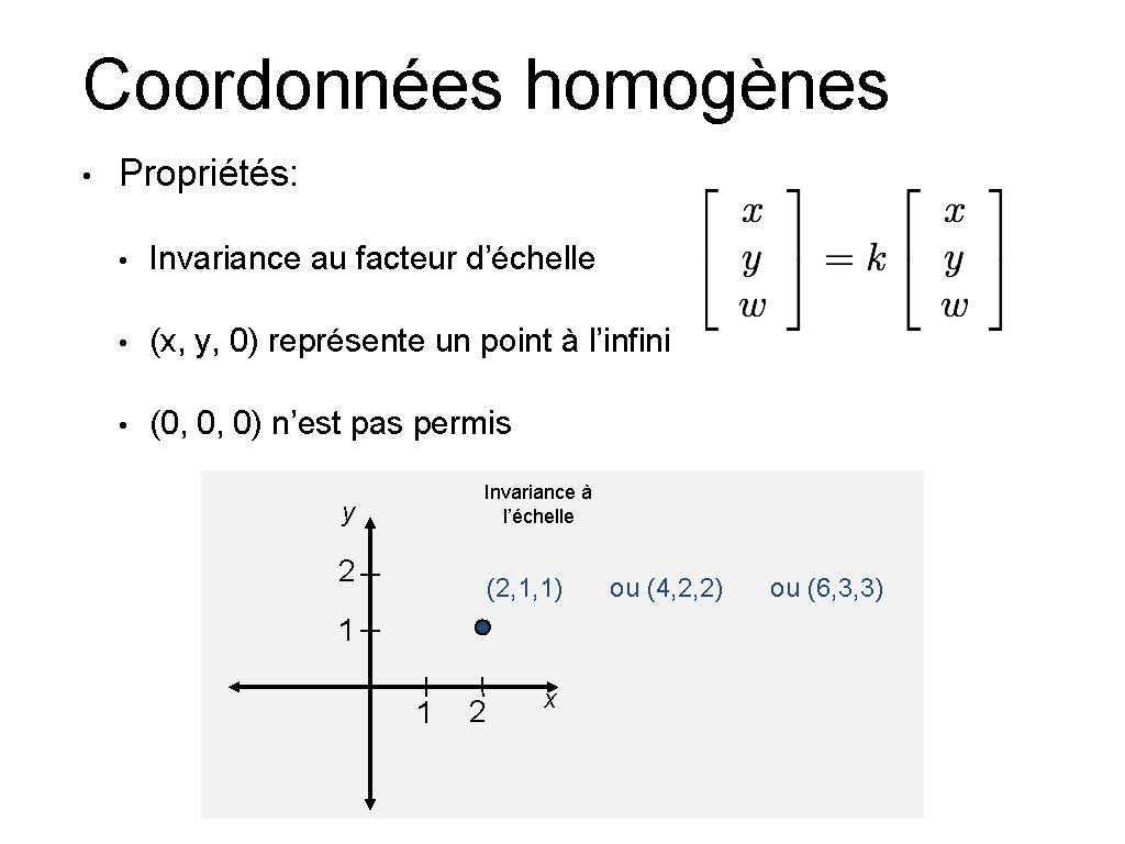 Coordonnées homogènes • Propriétés: • Invariance au facteur d’échelle • (x, y, 0) représente