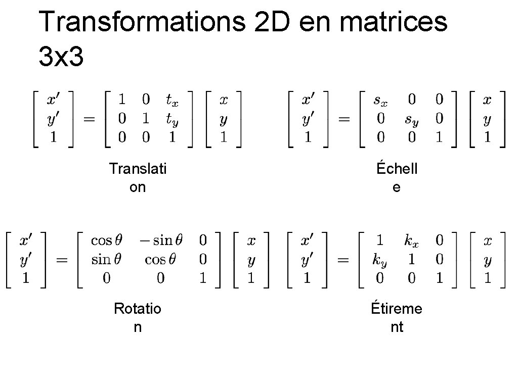 Transformations 2 D en matrices 3 x 3 Translati on Échell e Rotatio n