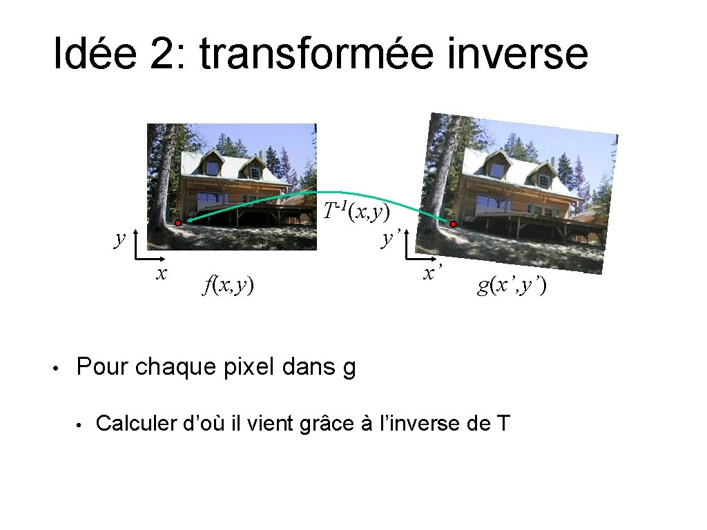 Idée 2: transformée inverse T-1(x, y) y’ y x • f(x, y) x’ g(x’,