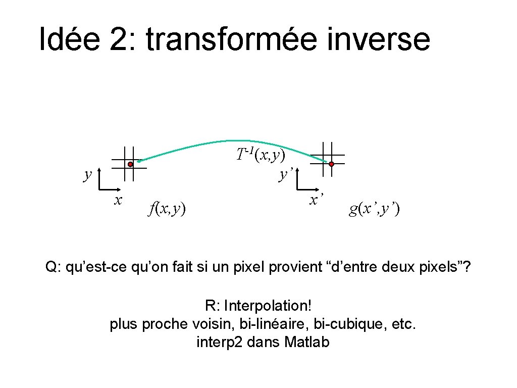 Idée 2: transformée inverse T-1(x, y) y’ y x f(x, y) x’ g(x’, y’)