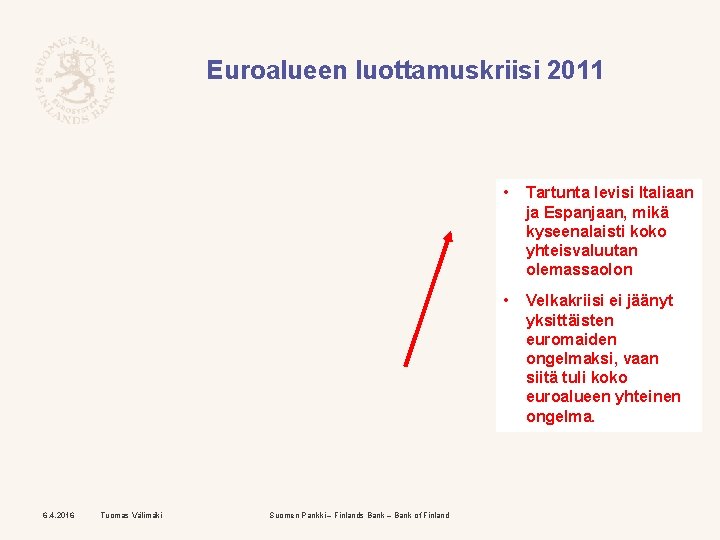 Euroalueen luottamuskriisi 2011 6. 4. 2016 Tuomas Välimäki Suomen Pankki – Finlands Bank –