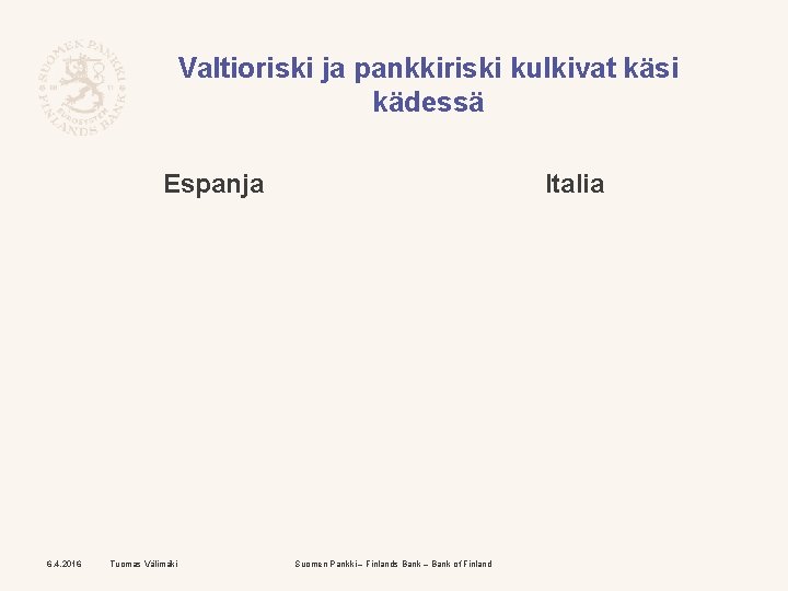 Valtioriski ja pankkiriski kulkivat käsi kädessä Espanja 6. 4. 2016 Tuomas Välimäki Italia Suomen