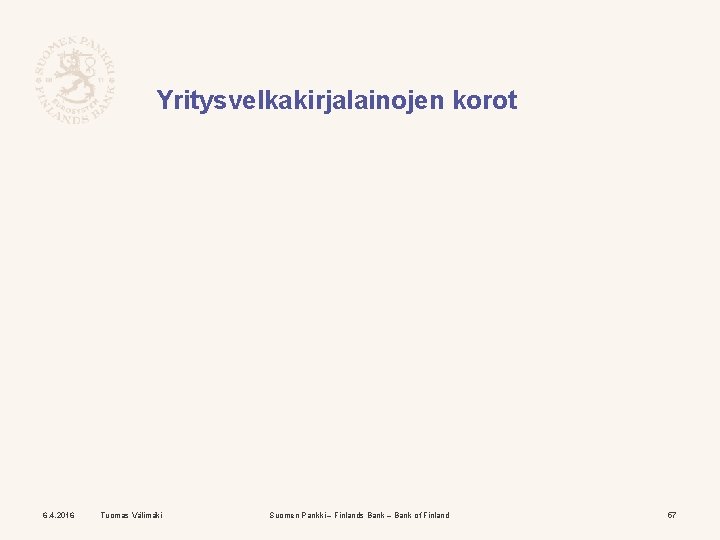 Yritysvelkakirjalainojen korot 6. 4. 2016 Tuomas Välimäki Suomen Pankki – Finlands Bank – Bank