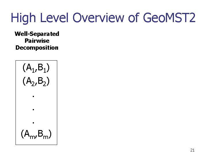 High Level Overview of Geo. MST 2 Well-Separated Pairwise Decomposition (A 1, B 1)