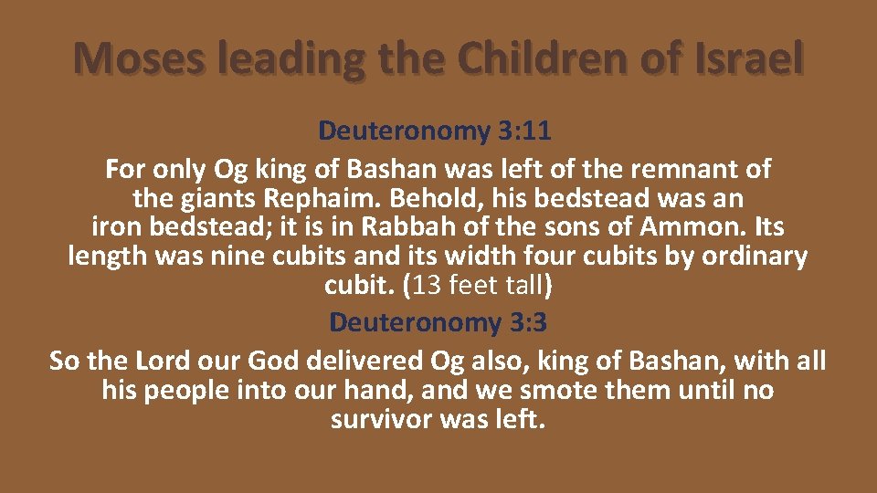 Moses leading the Children of Israel Deuteronomy 3: 11 For only Og king of