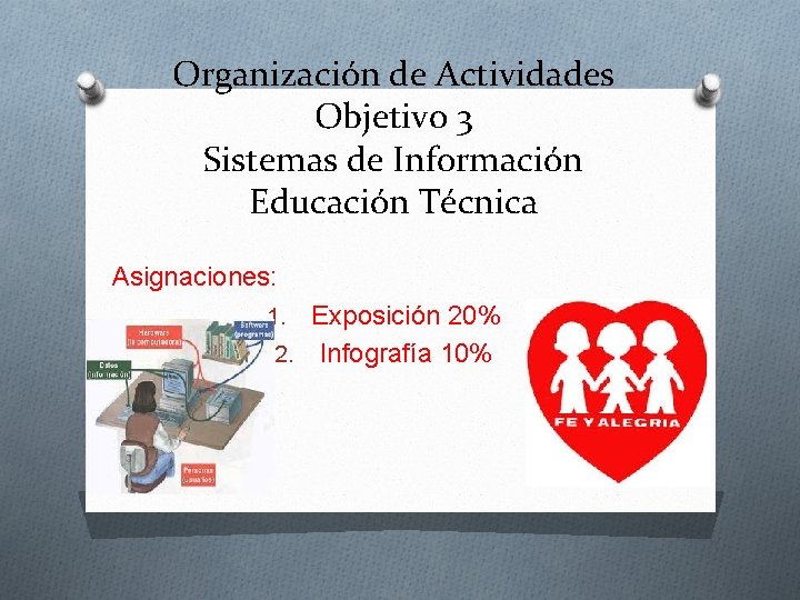 Organización de Actividades Objetivo 3 Sistemas de Información Educación Técnica Asignaciones: Exposición 20% 2.