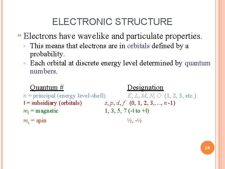ELECTRONIC STRUCTURE Electrons have wavelike and particulate properties. This means that electrons are in