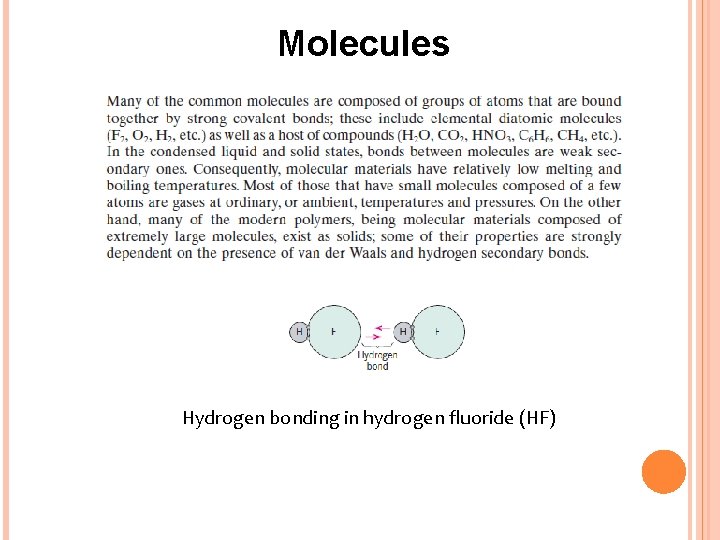 Molecules Hydrogen bonding in hydrogen fluoride (HF) 