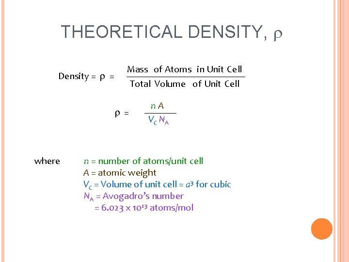 THEORETICAL DENSITY, Density = = Mass of Atoms in Unit Cell Total Volume of