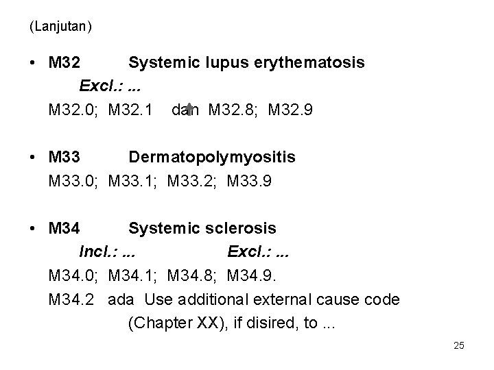 (Lanjutan) • M 32 Systemic lupus erythematosis Excl. : . . . M 32.