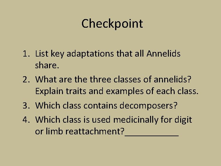 Checkpoint 1. List key adaptations that all Annelids share. 2. What are three classes