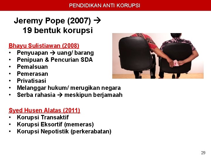 PENDIDIKAN ANTI KORUPSI Jeremy Pope (2007) 19 bentuk korupsi Bhayu Sulistiawan (2008) • Penyuapan