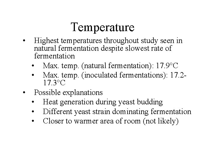 Temperature • Highest temperatures throughout study seen in natural fermentation despite slowest rate of