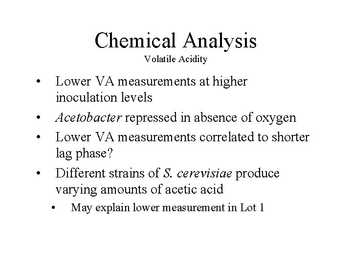 Chemical Analysis Volatile Acidity • Lower VA measurements at higher inoculation levels Acetobacter repressed