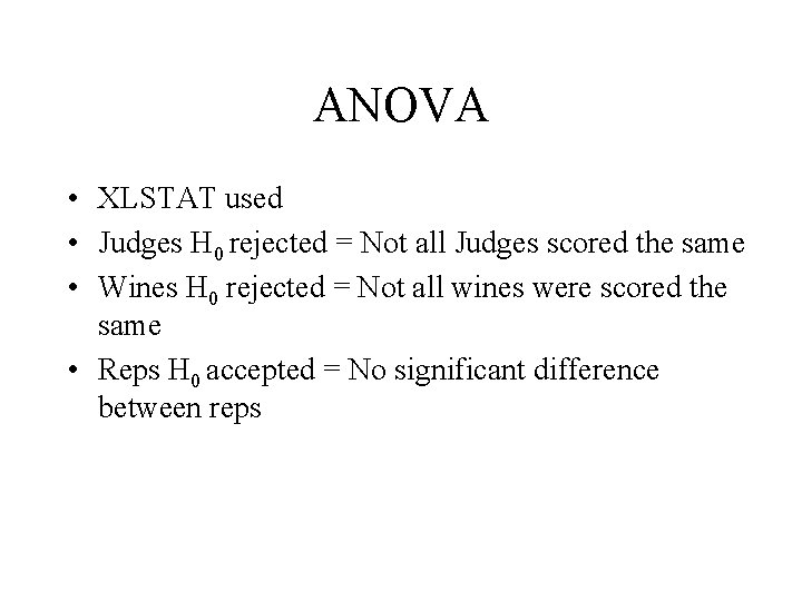 ANOVA • XLSTAT used • Judges H 0 rejected = Not all Judges scored