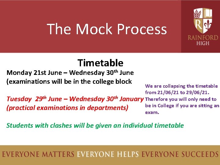 The Mock Process Timetable Monday 21 st June – Wednesday 30 th June (examinations