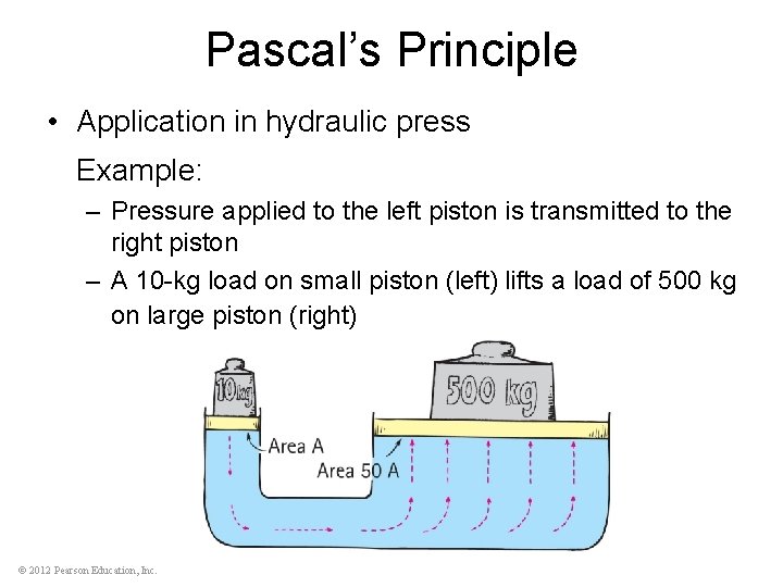 Pascal’s Principle • Application in hydraulic press Example: – Pressure applied to the left