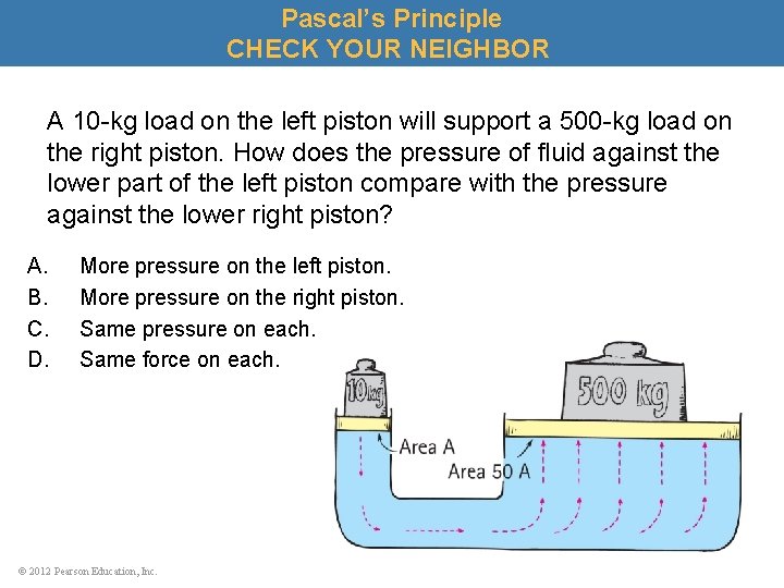 Pascal’s Principle CHECK YOUR NEIGHBOR A 10 -kg load on the left piston will