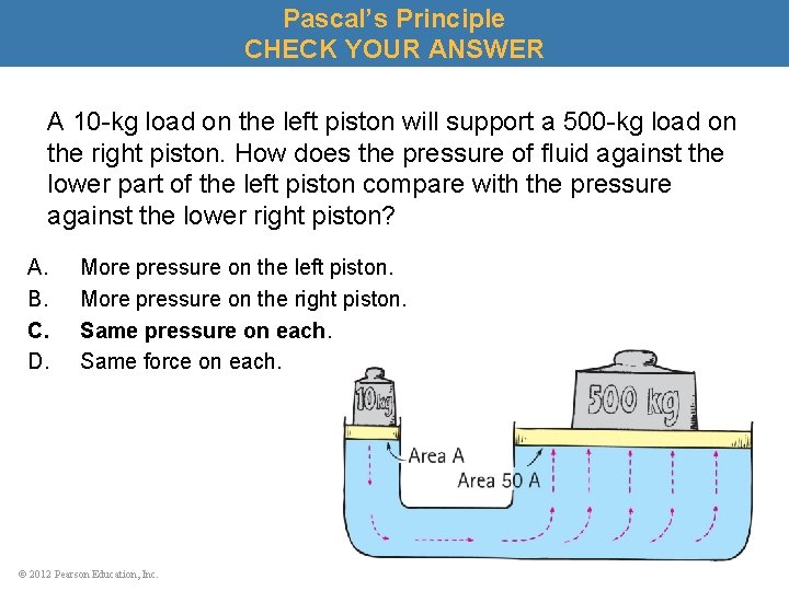 Pascal’s Principle CHECK YOUR ANSWER A 10 -kg load on the left piston will