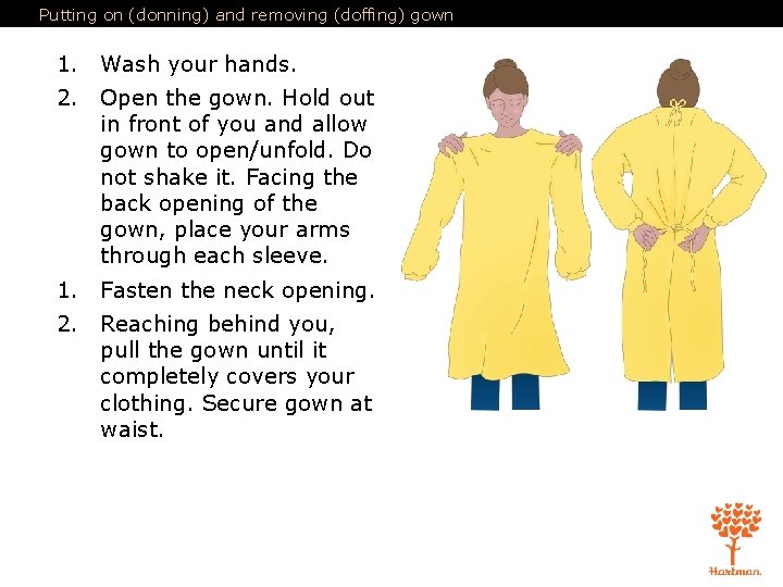 Putting on (donning) and removing (doffing) gown 1. Wash your hands. 2. Open the