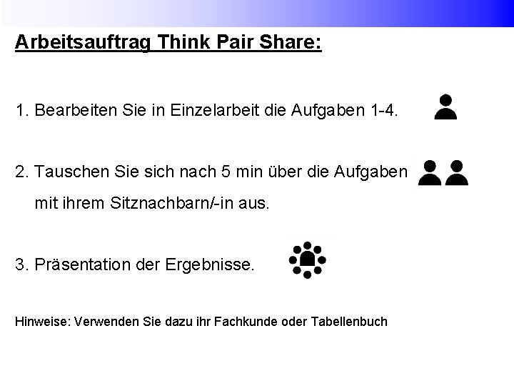 Arbeitsauftrag Think Pair Share: 1. Bearbeiten Sie in Einzelarbeit die Aufgaben 1 -4. 2.