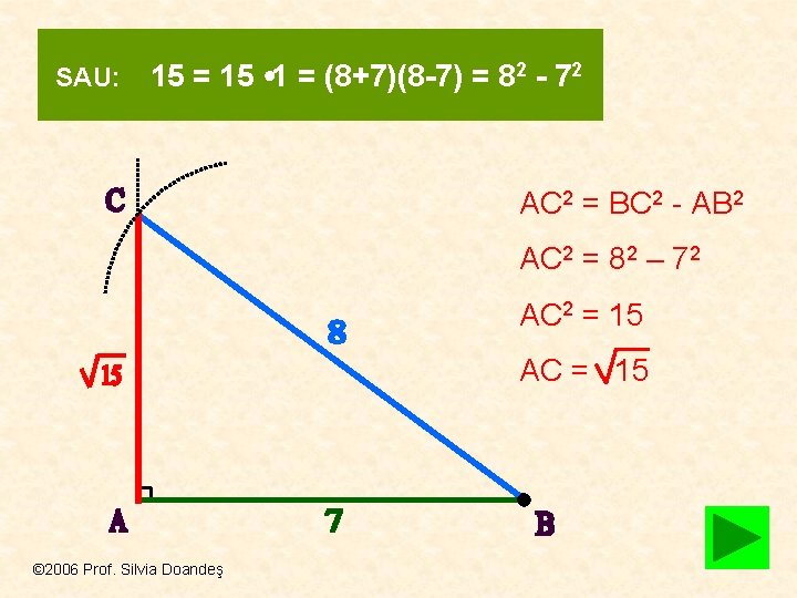 SAU: 15 = 15 1 = (8+7)(8 -7) = 82 - 72 AC 2