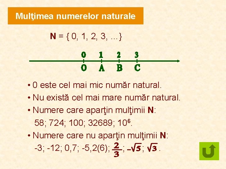 Mulţimea numerelor naturale N = { 0, 1, 2, 3, …} • 0 este