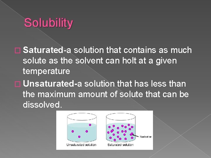 Solubility � Saturated-a solution that contains as much solute as the solvent can holt