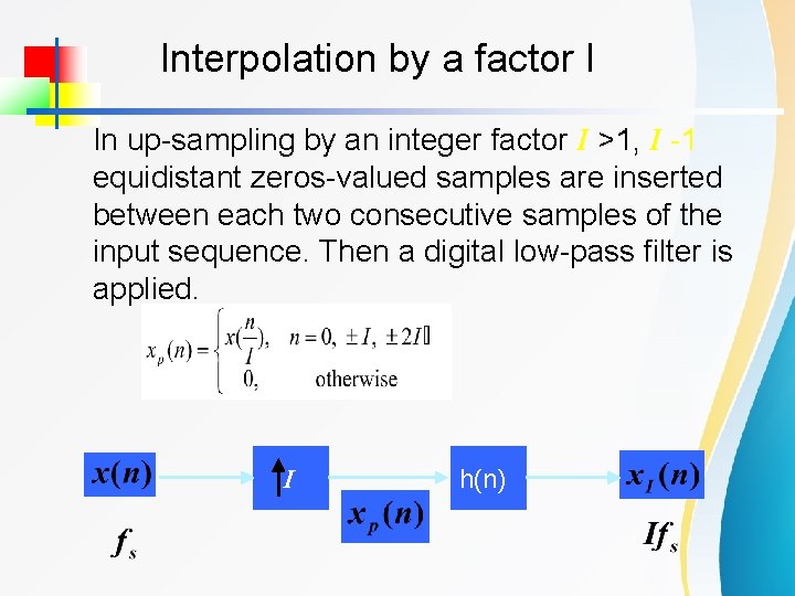 Interpolation by a factor I In up-sampling by an integer factor I >1, I