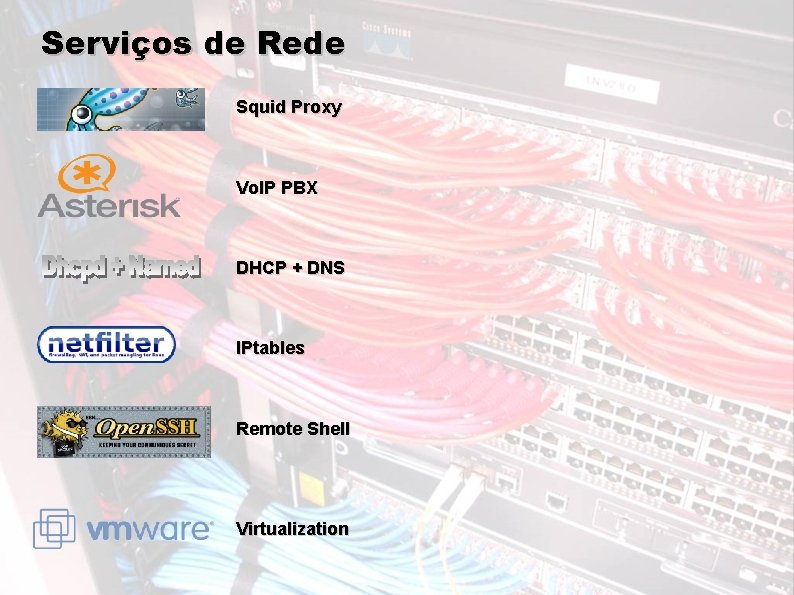 Serviços de Rede Squid Proxy Vo. IP PBX DHCP + DNS IPtables Remote Shell