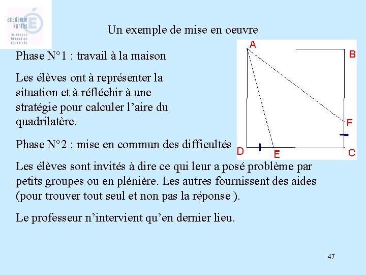 Un exemple de mise en oeuvre Phase N° 1 : travail à la maison