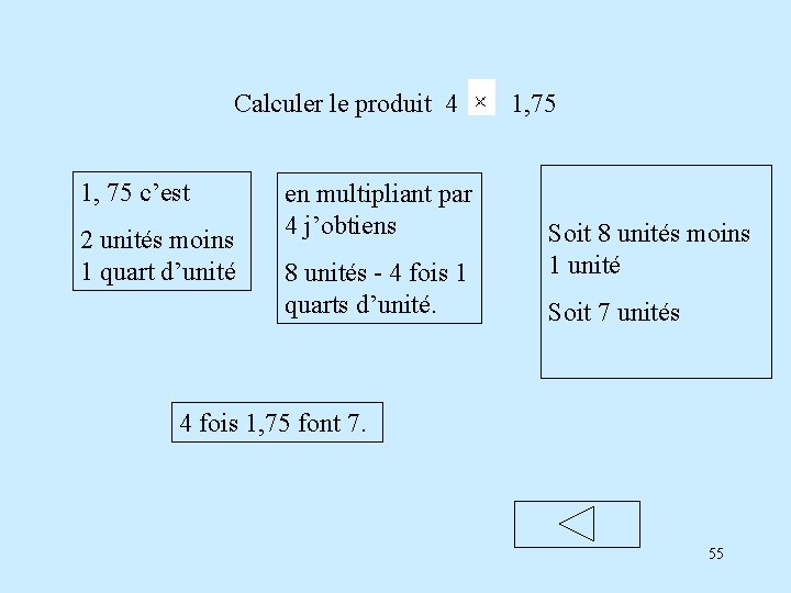 Calculer le produit 4 1, 75 c’est 2 unités moins 1 quart d’unité en