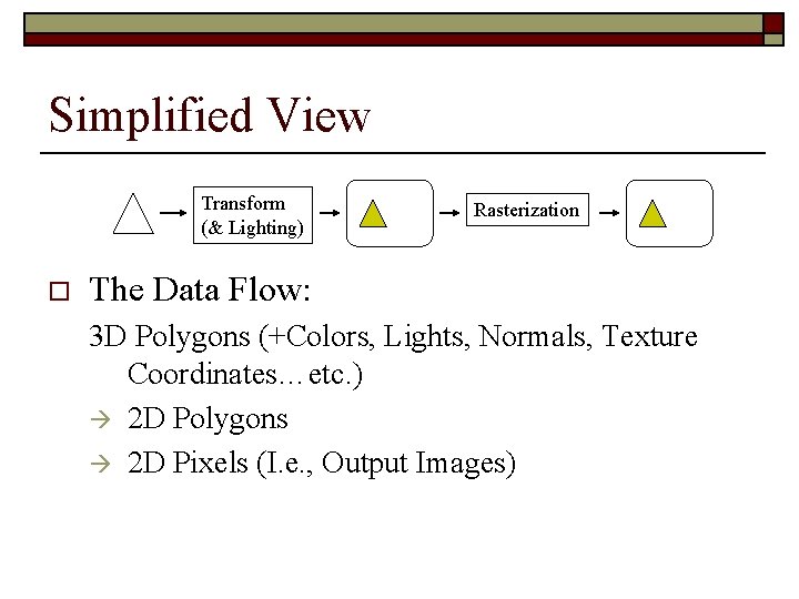 Simplified View Transform (& Lighting) o Rasterization The Data Flow: 3 D Polygons (+Colors,