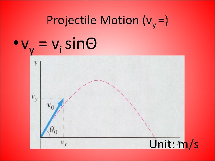Projectile Motion (vy =) • vy = vi sinΘ Unit: m/s 