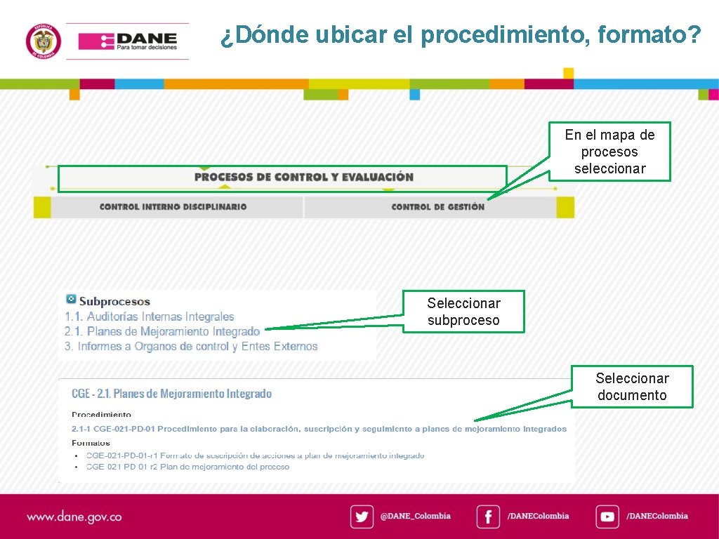 ¿Dónde ubicar el procedimiento, formato? En el mapa de procesos seleccionar Seleccionar subproceso Seleccionar