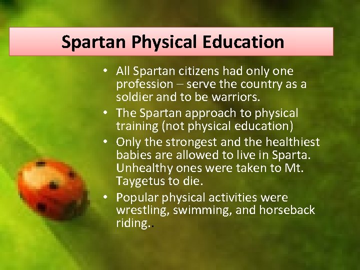 Spartan Physical Education • All Spartan citizens had only one profession – serve the