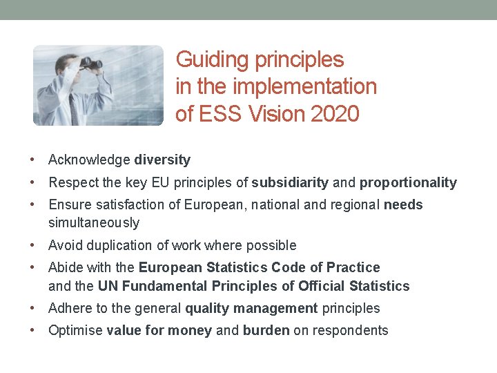 Guiding principles in the implementation of ESS Vision 2020 • Acknowledge diversity • Respect Guiding principles in the implementation of ESS Vision 2020 • Acknowledge diversity • Respect