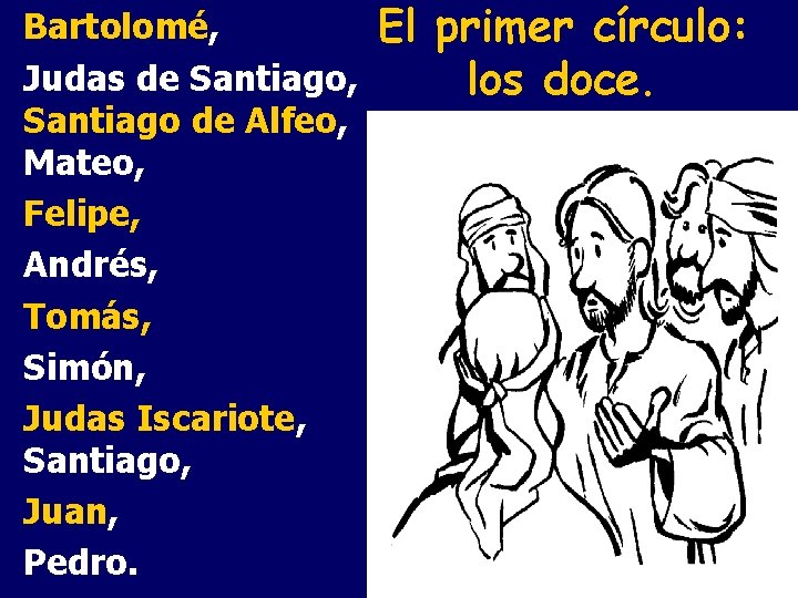 Bartolomé, Judas de Santiago, Santiago de Alfeo, Mateo, Felipe, Andrés, Tomás, Simón, Judas Iscariote,