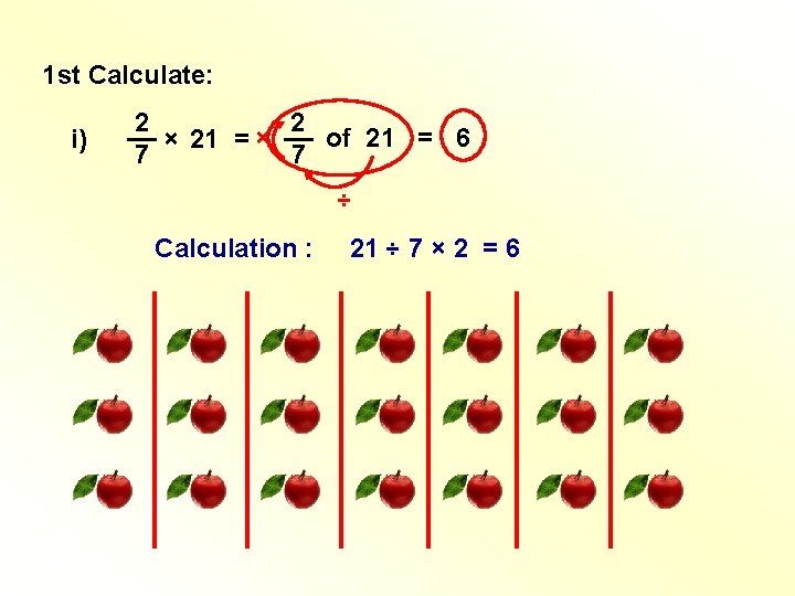 1 st Calculate: i) 2 2 __ __ of 21 = 6 × 21 1 st Calculate: i) 2 2 __ __ of 21 = 6 × 21