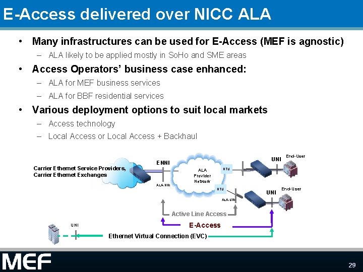 E-Access delivered over NICC ALA • Many infrastructures can be used for E-Access (MEF