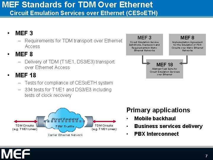MEF Standards for TDM Over Ethernet Circuit Emulation Services over Ethernet (CESo. ETH) •