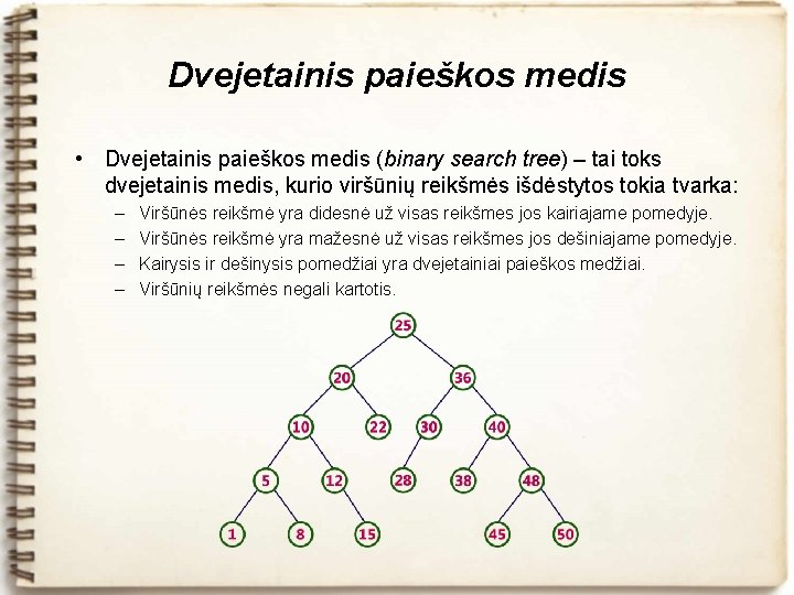 Dvejetainis paieškos medis • Dvejetainis paieškos medis (binary search tree) – tai toks dvejetainis