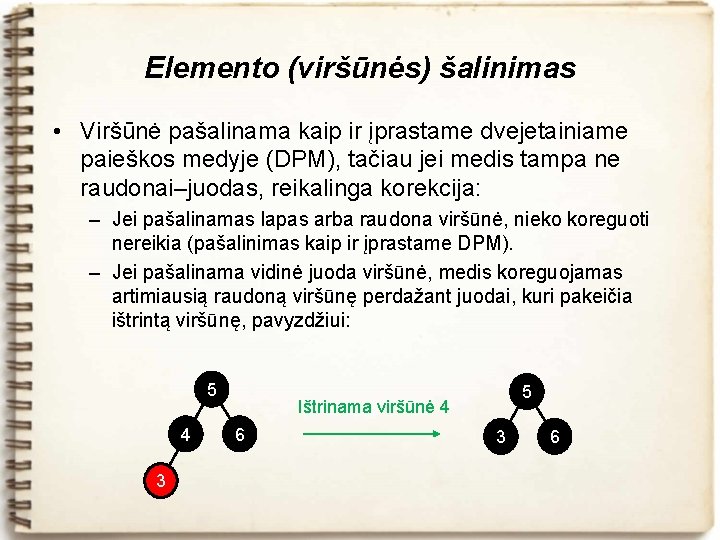 Elemento (viršūnės) šalinimas • Viršūnė pašalinama kaip ir įprastame dvejetainiame paieškos medyje (DPM), tačiau