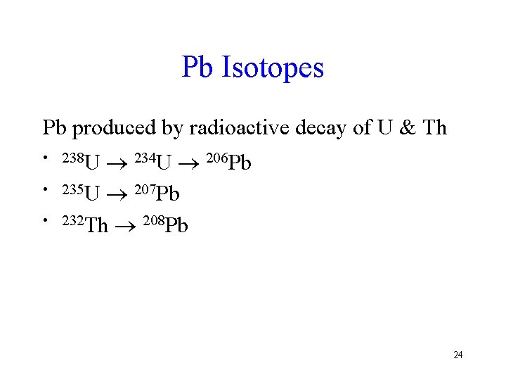 Pb Isotopes Pb produced by radioactive decay of U & Th 234 U 206