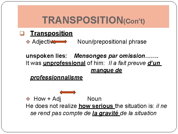 TRANSPOSITION(Con’t) q Transposition v Adjective Noun/prepositional phrase unspoken lies: Mensonges par omission……. It was