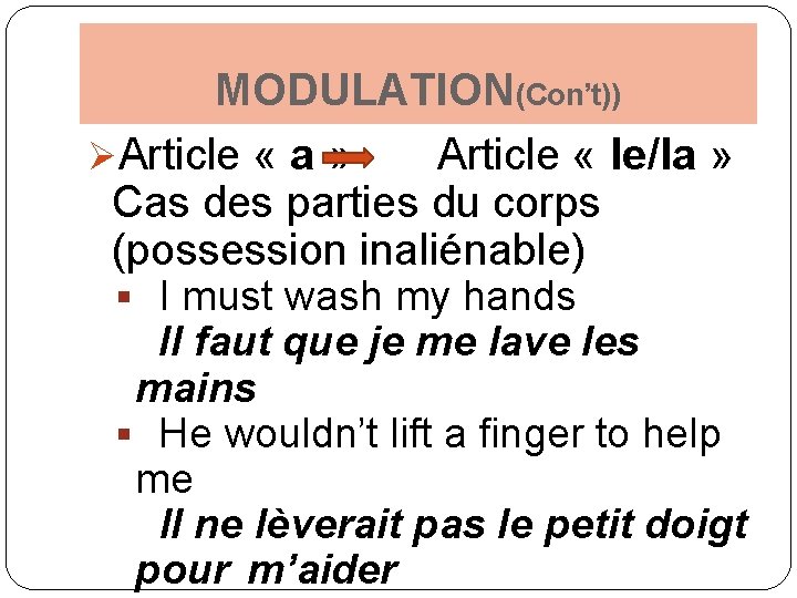 MODULATION(Con’t)) ØArticle « a » Article « le/la » Cas des parties du corps