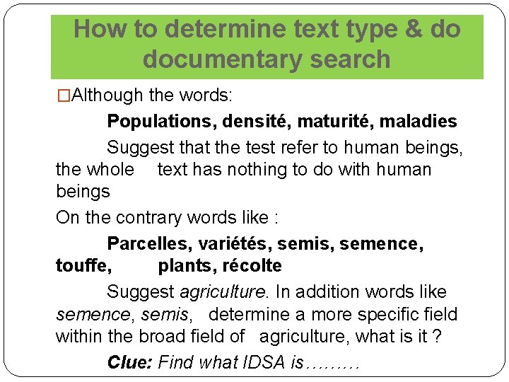 How to determine text type & do documentary search �Although the words: Populations, densité,