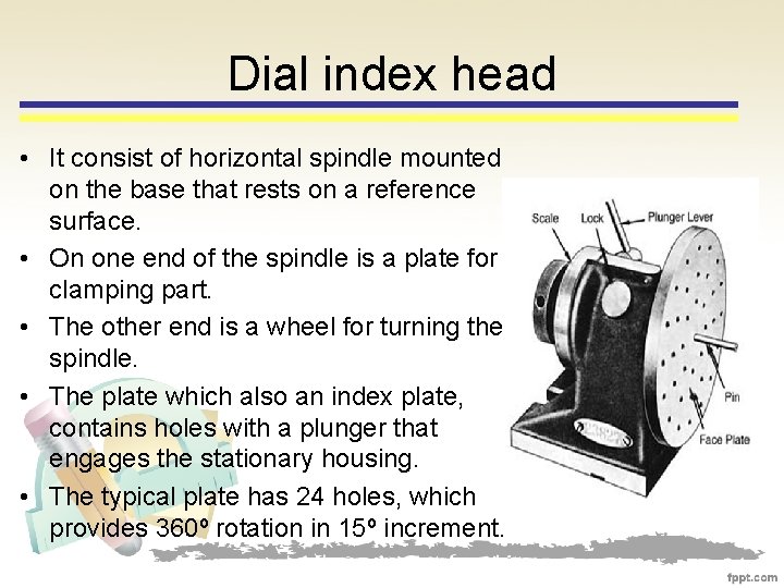 Dial index head • It consist of horizontal spindle mounted on the base that