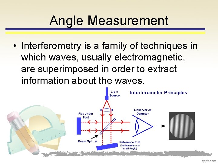 Angle Measurement • Interferometry is a family of techniques in which waves, usually electromagnetic,