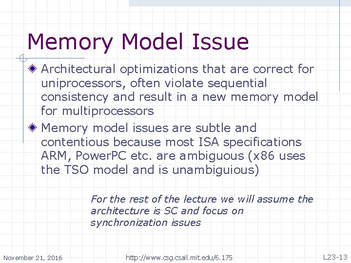 Memory Model Issue Architectural optimizations that are correct for uniprocessors, often violate sequential consistency